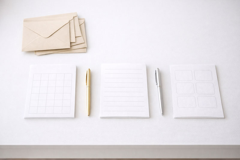 Printable baby shower game sheets on a desk with envelopes and a clean organized setup
