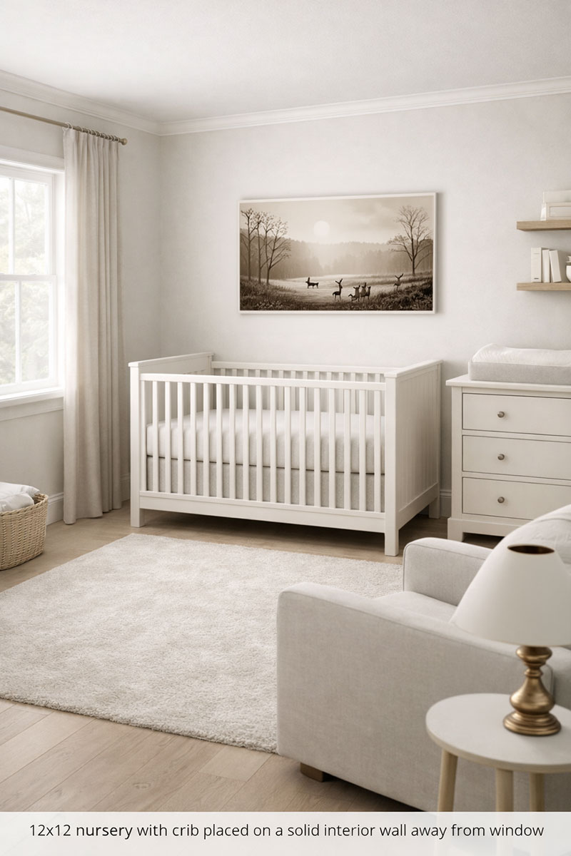 12x12 nursery with crib placed on a solid interior wall away from the window