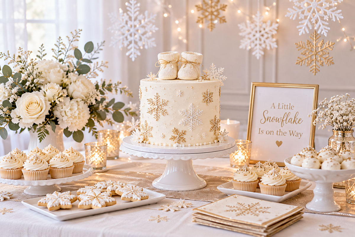 White and gold winter wonderland baby shower dessert table with an ivory snowflake cake champagne gold ribbons white flowers and simple elegant decorations