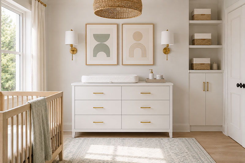 White nursery dresser with organized drawers in a professionally designed baby room.