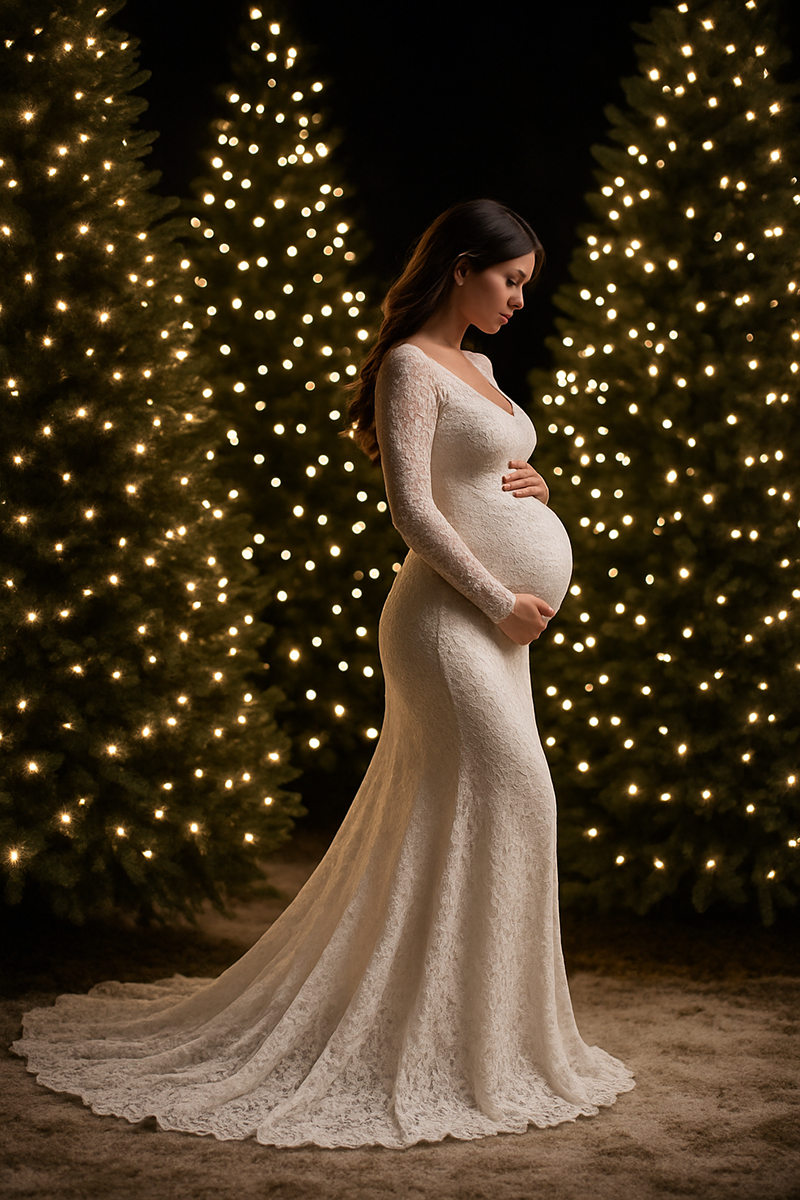 Pregnant woman in a long white lace maternity gown standing in a snowy winter forest surrounded by softly glowing Christmas trees