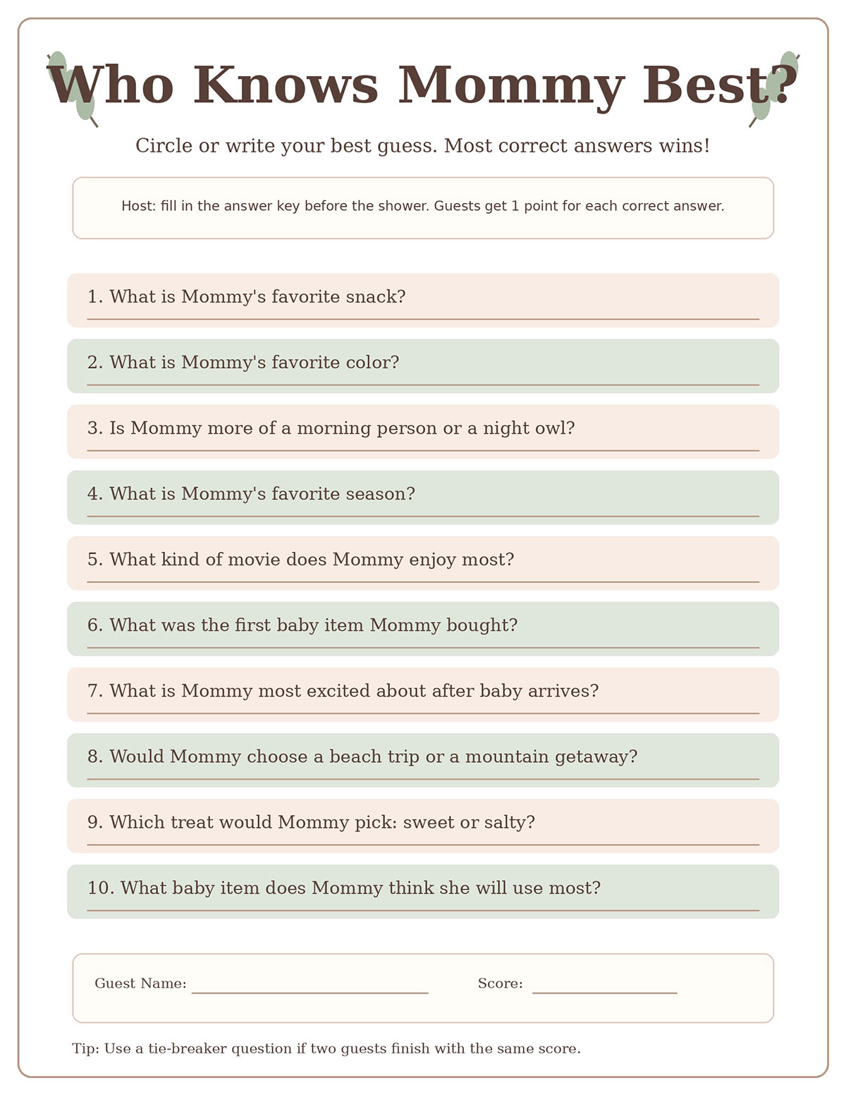 Free Who Knows Mommy Best printable baby shower game with ten questions and score space
