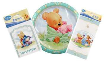Winnie the Pooh baby shower invitations plates and party supplies with baby Piglet