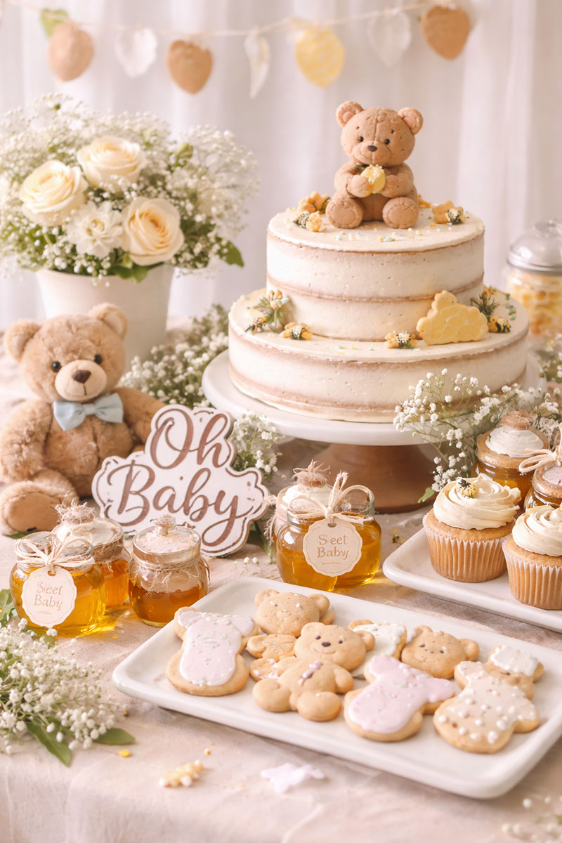Classic teddy bear baby shower centerpiece that matches themed keepsake pages