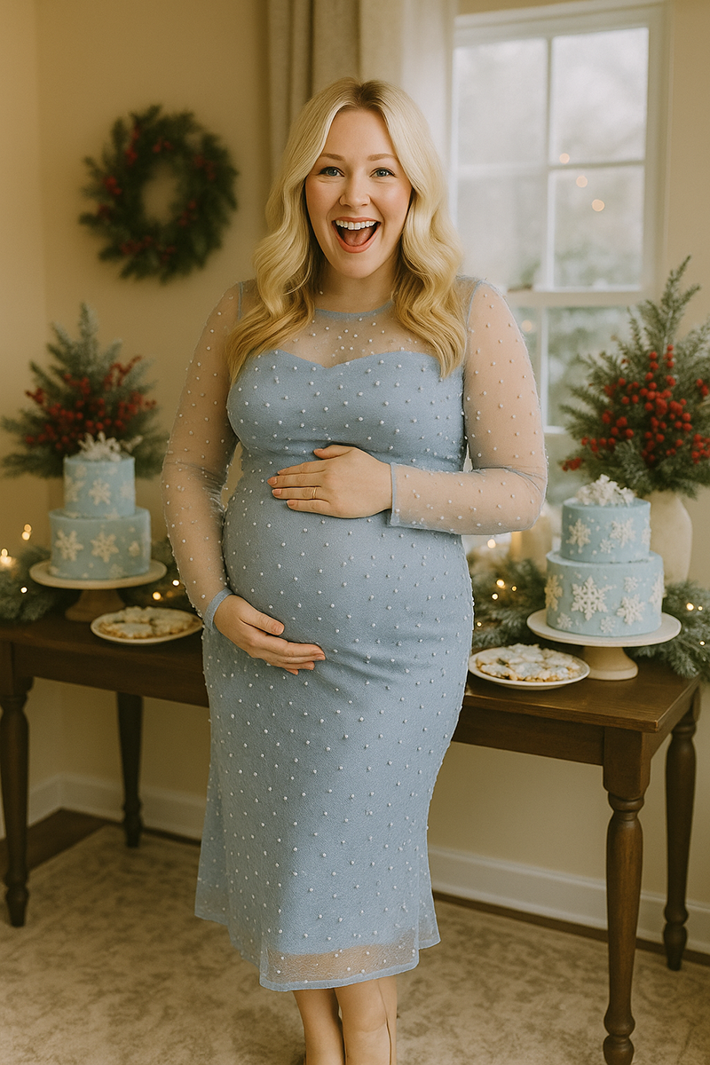 Pregnant woman wearing a silvery blue pearl overlay maternity dress styled for a winter baby shower