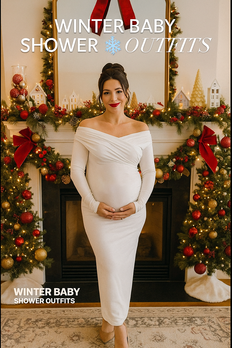 Pregnant woman in an elegant off-shoulder white winter baby shower dress standing before a festively decorated fireplace with garlands and gold accents