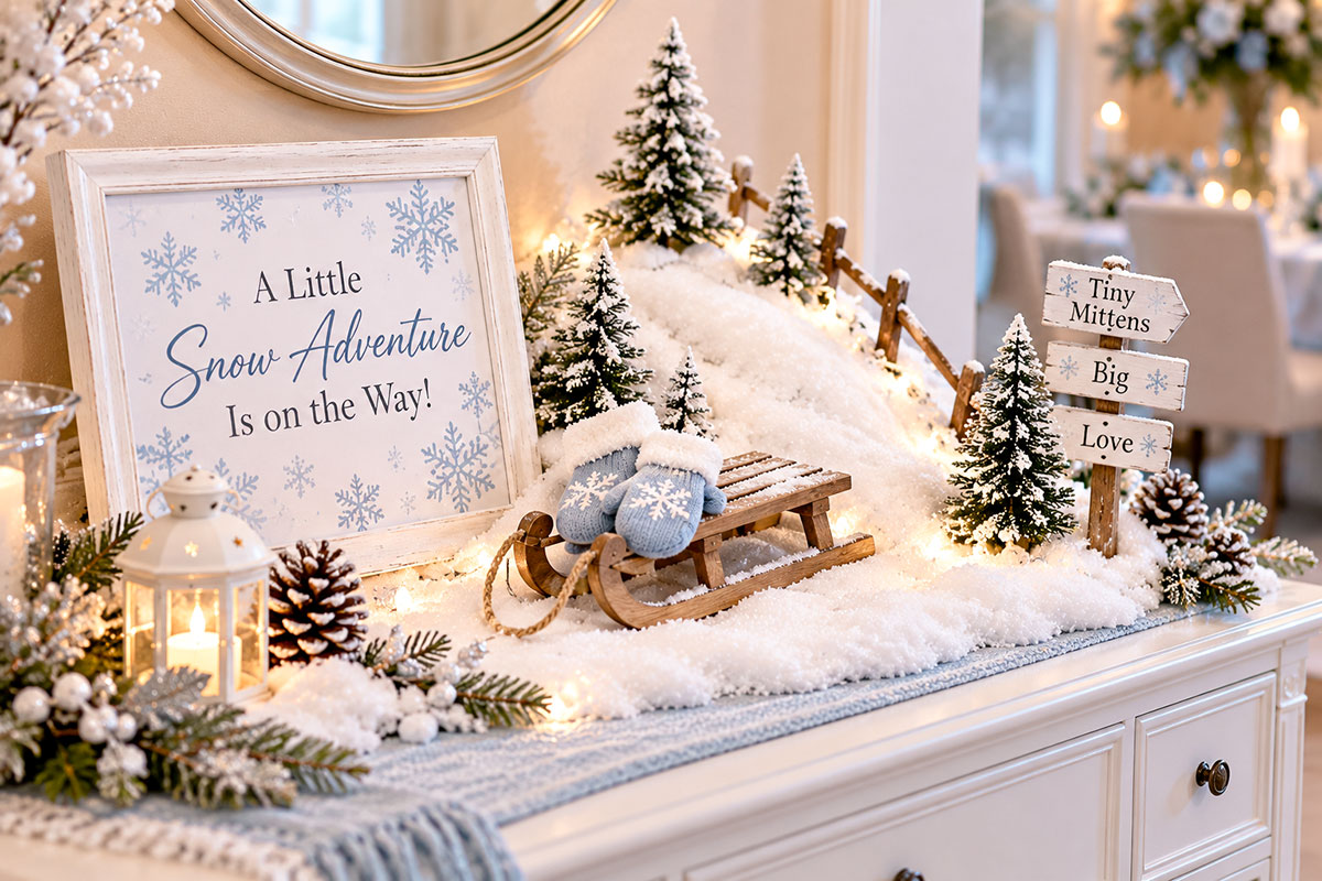Winter Wonderland baby shower welcome display with a miniature wooden sled, blue baby mittens, white fabric snow hill, small winter trees and framed welcome sign