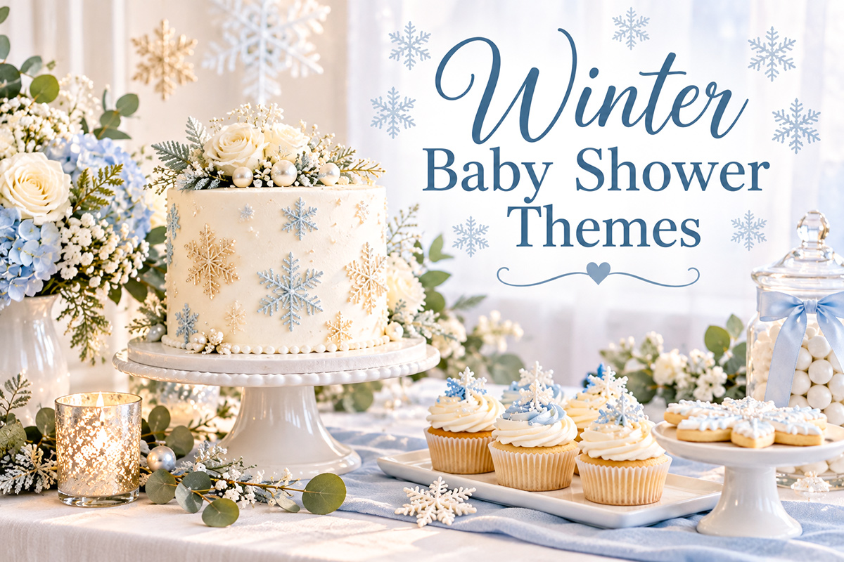 Elegant winter baby shower themes with white and gold snowflake cake, soft blue decorations, snowy woodland details and coordinated dessert table