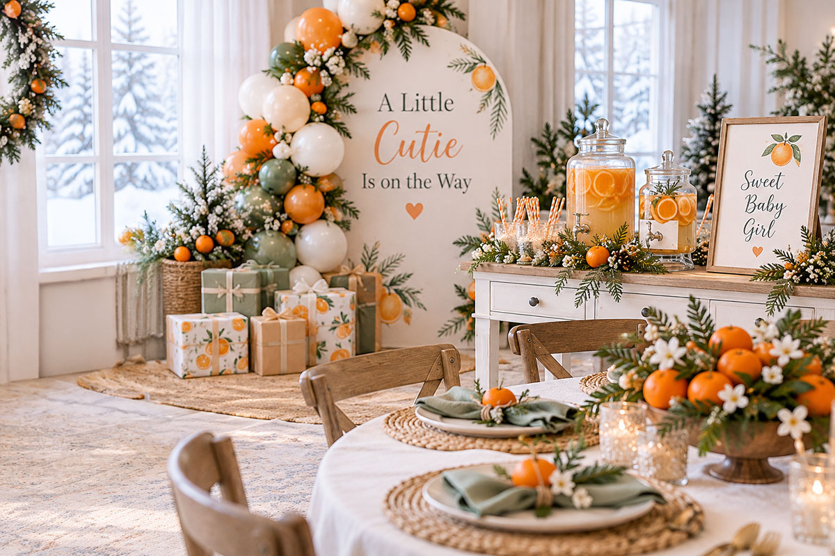 Winter citrus Little Cutie baby shower with orange white and sage balloon backdrop citrus drink station wrapped gifts and coordinated guest table