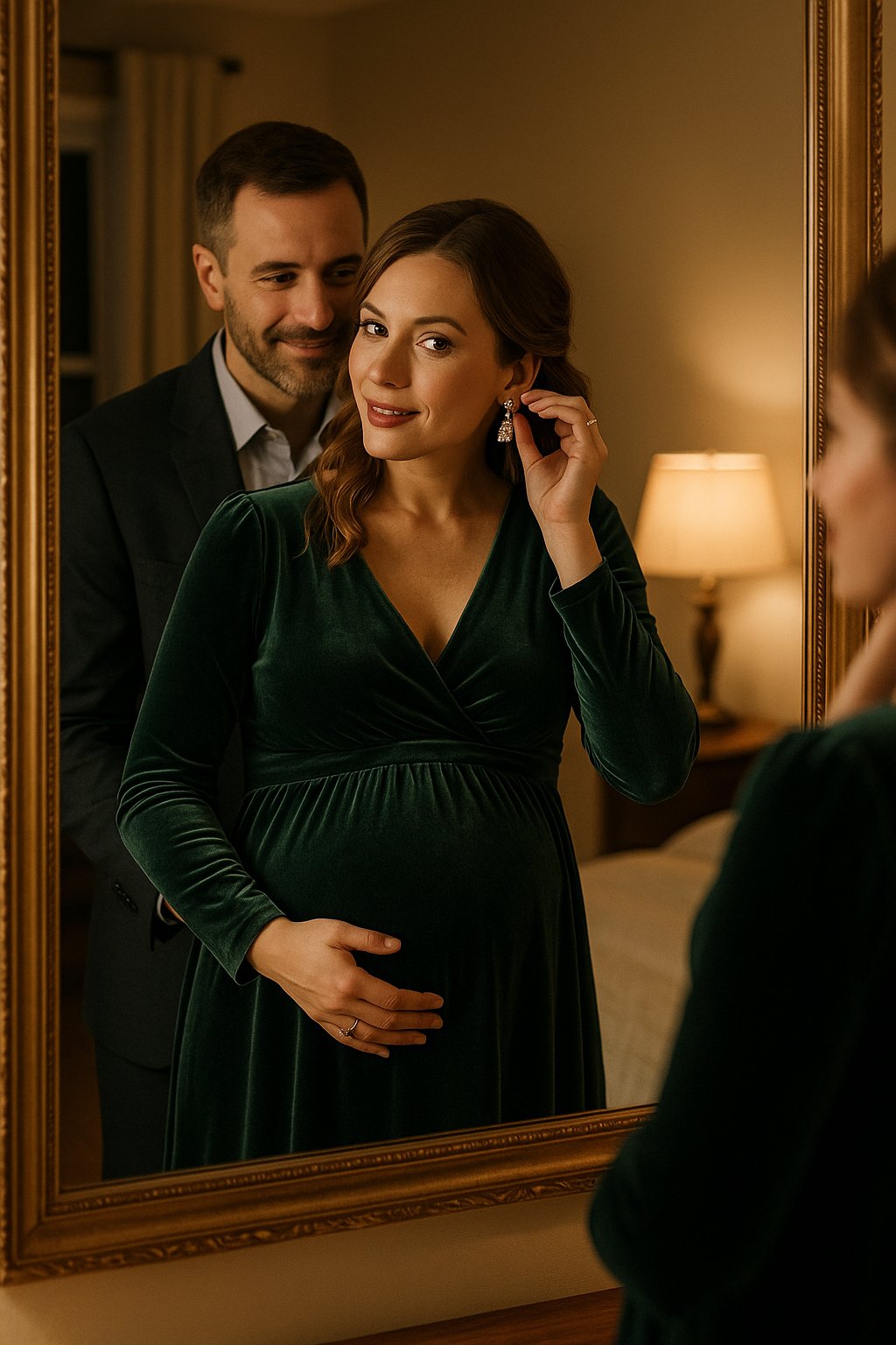 Pregnant woman in an elegant green velvet dress getting ready for a winter evening while her husband admires her reflection in the mirror