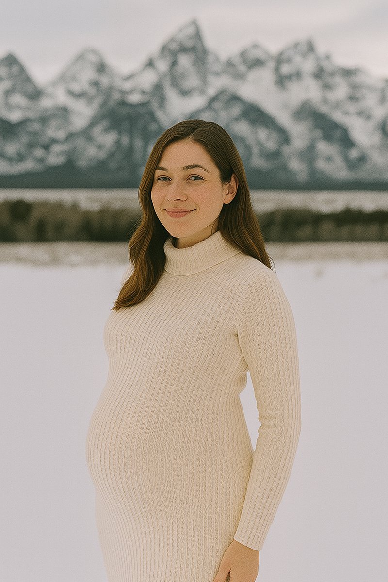 Cream winter maternity dress outfit for elegant snowy photos