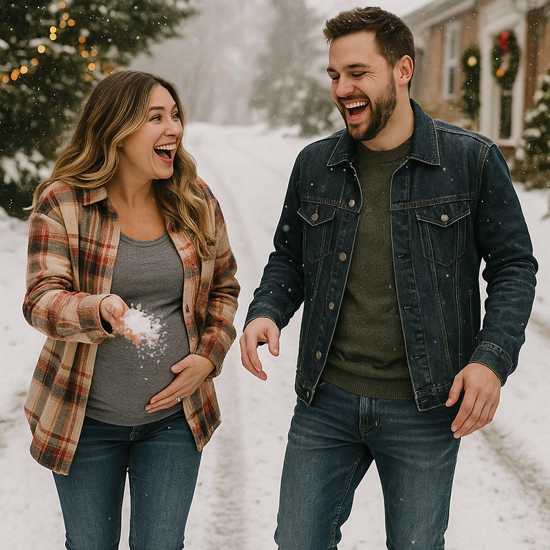 Pregnant woman wearing denim maternity jeans and plaid flannel shirt playing in the snow