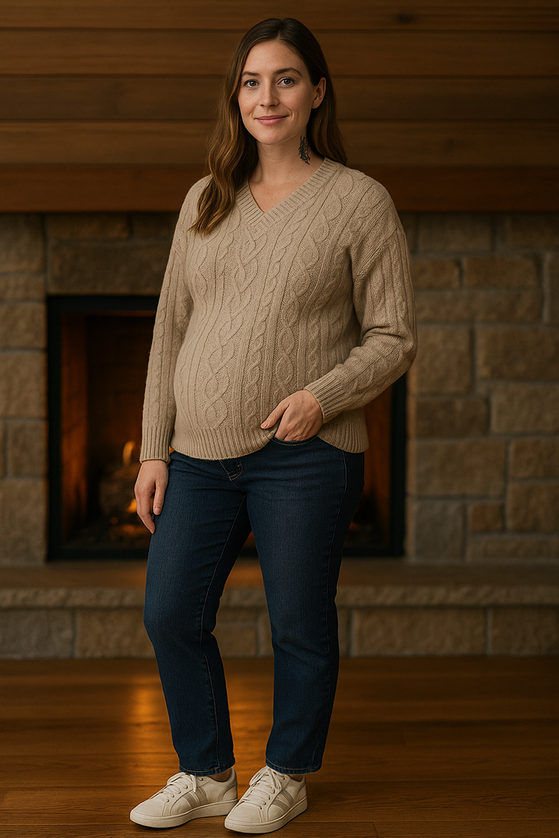 Comfortable casual winter maternity outfit with cozy cable-knit sweater, dark maternity jeans and white sneakers by a fireplace