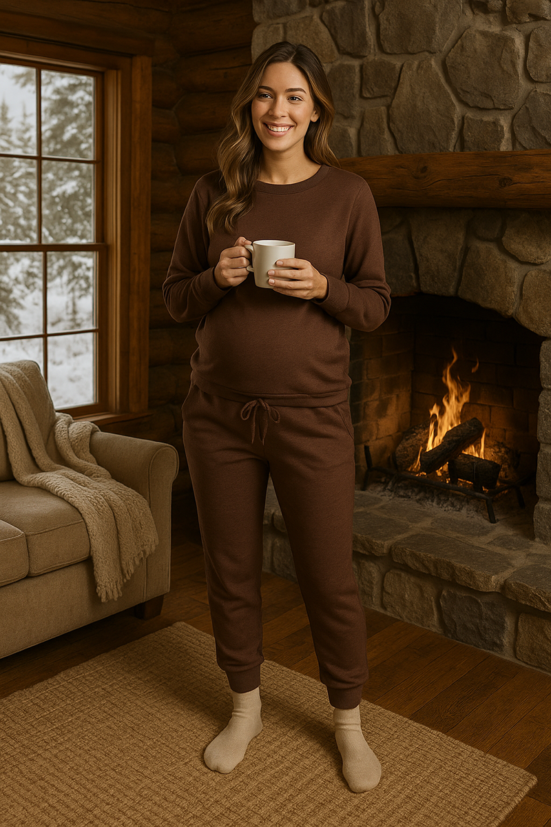 Pregnant woman wearing stylish loungewear sipping hot chocolate by the fireplace in a cozy log cabin