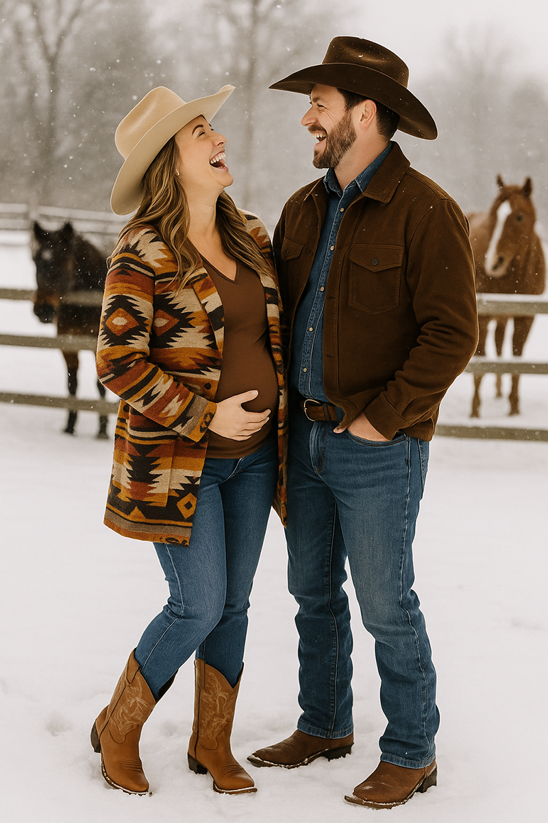 Pregnant woman wearing jeans and cowboy hat laughing with husband in snowy ranch setting with horses