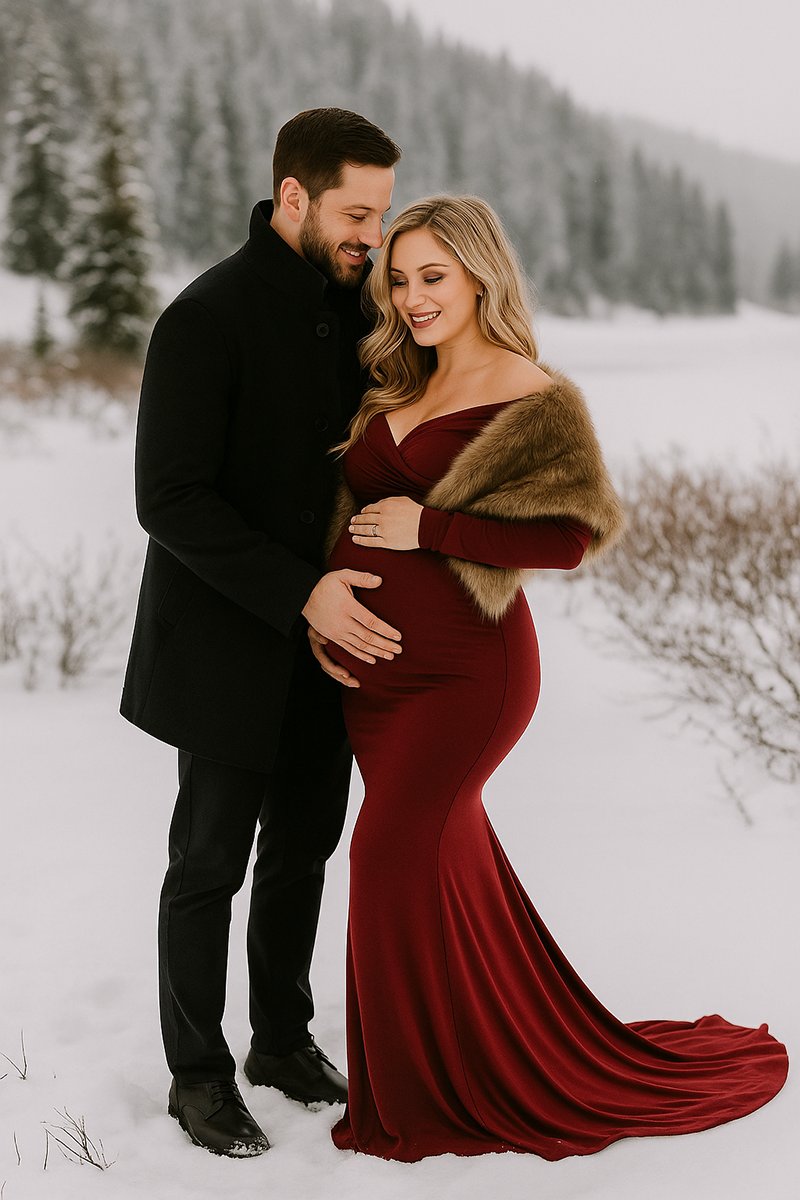 Expecting couple dressed for a winter maternity photo shoot, with the woman in a flowing burgundy gown and faux-fur stole and the man in a dark coat and scarf standing together in the snow.