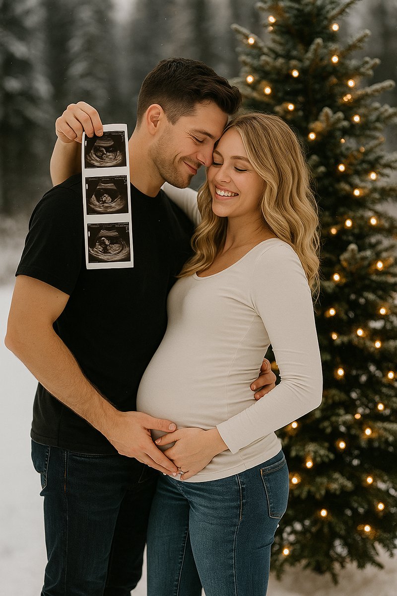 Expecting couple posing in a cozy winter maternity photo shoot, surrounded by softly falling snow, twinkling fairy lights, and sweet props like baby booties and wrapped gifts.