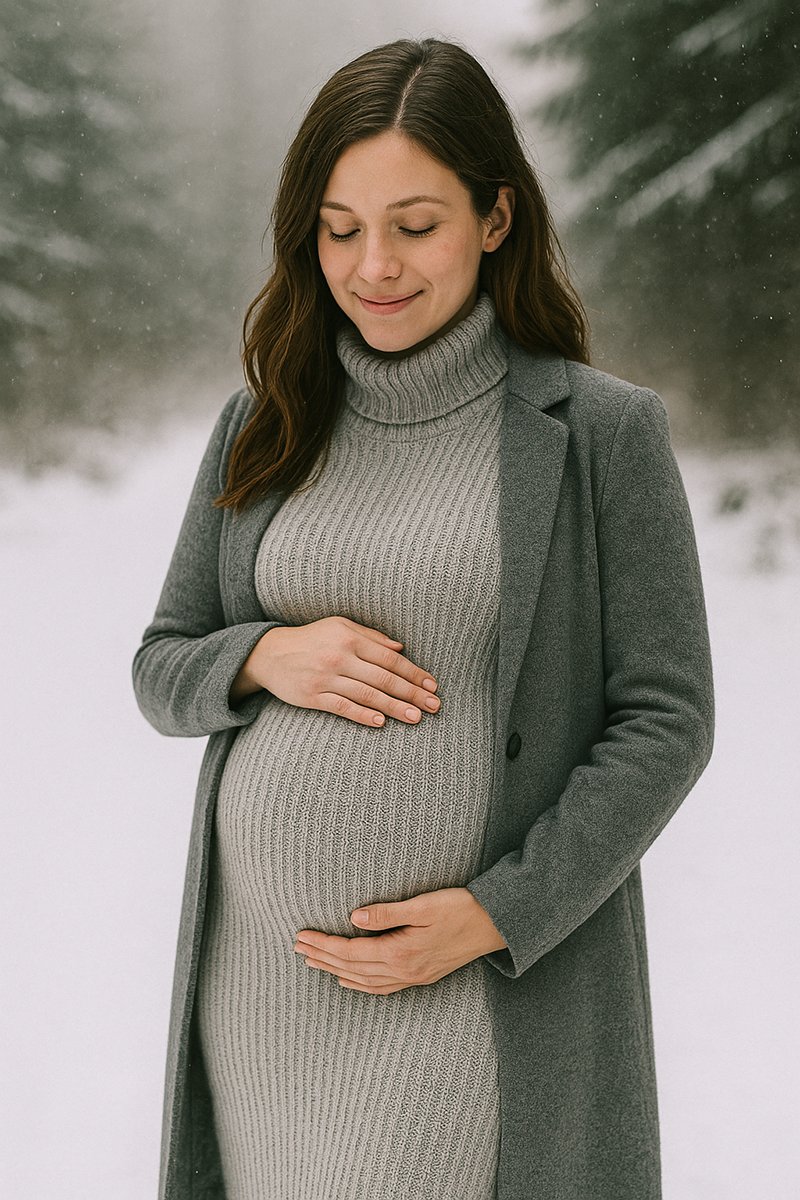 Winter maternity sweater dress outfit in soft knit texture during a snowy photoshoot