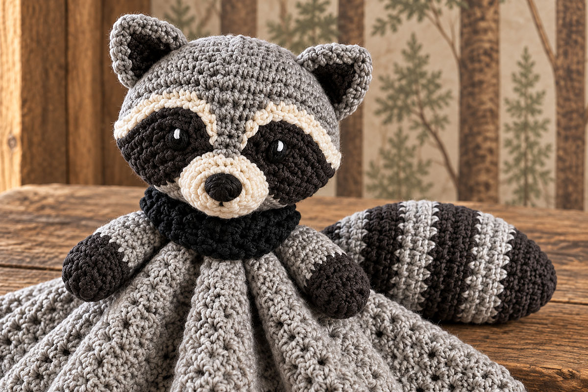 Close view of a winter woodland crochet raccoon lovey showing black embroidered eyes with tiny white highlights, charcoal mask, cream muzzle, black cowl and gray-and-charcoal striped tail