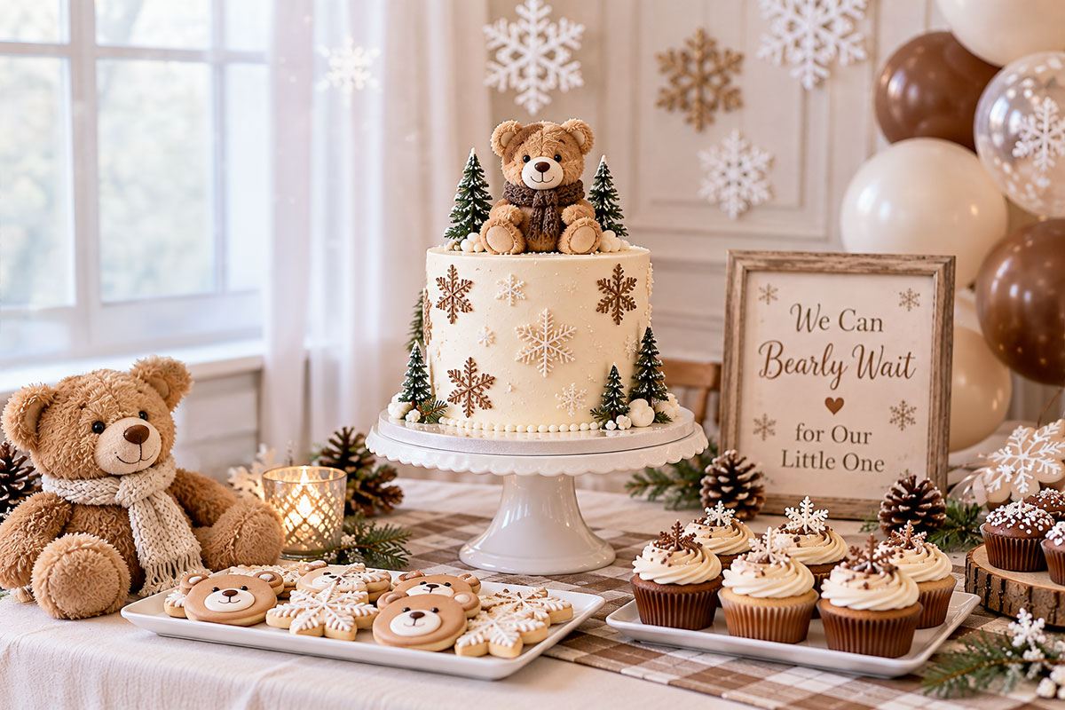 Cozy winter teddy bear baby shower in chocolate brown and cream with a teddy bear scarf cake hot cocoa and matching bear decorations