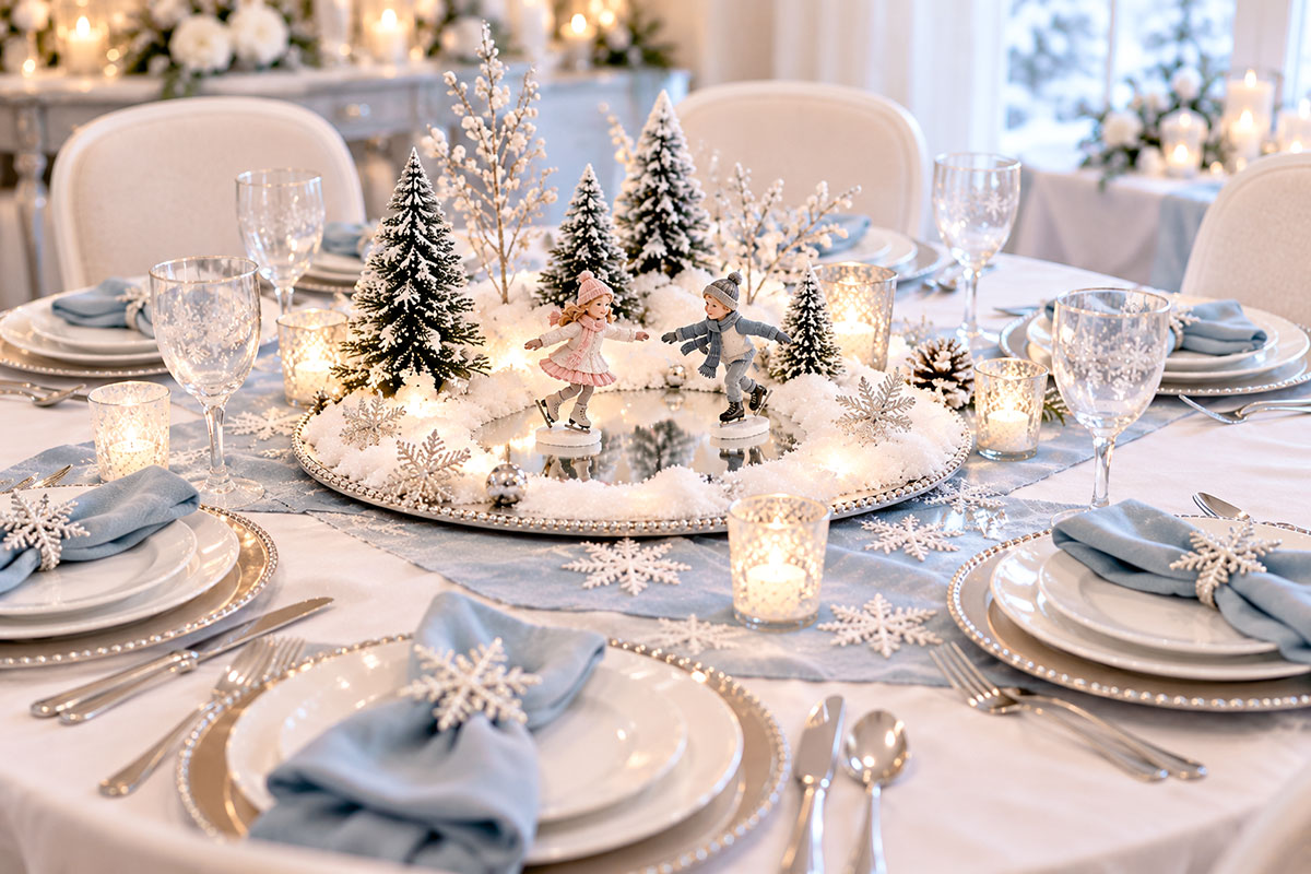 Elegant Winter Wonderland baby shower guest table with icy blue napkins, white place settings, silver accents and a miniature mirrored skating pond centerpiece