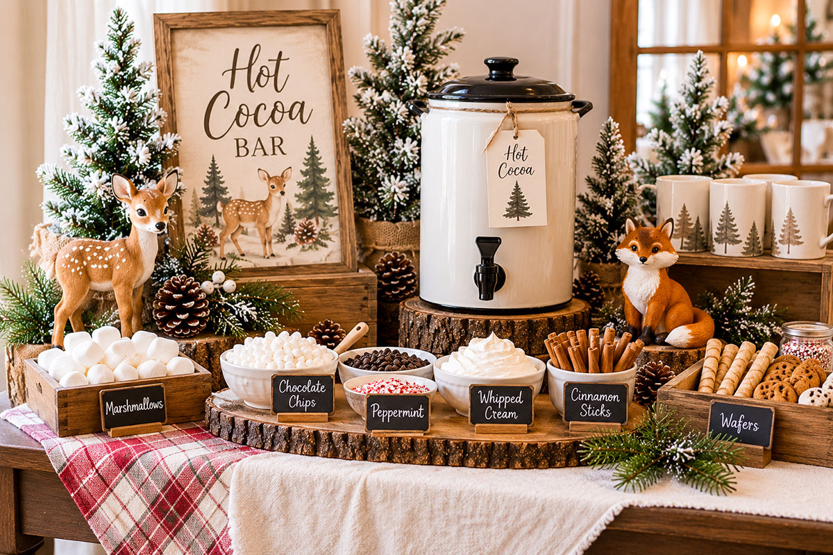 Winter woodland baby shower hot cocoa station with cream mugs, marshmallows, cinnamon sticks, a cocoa dispenser and small snowy forest animal decorations