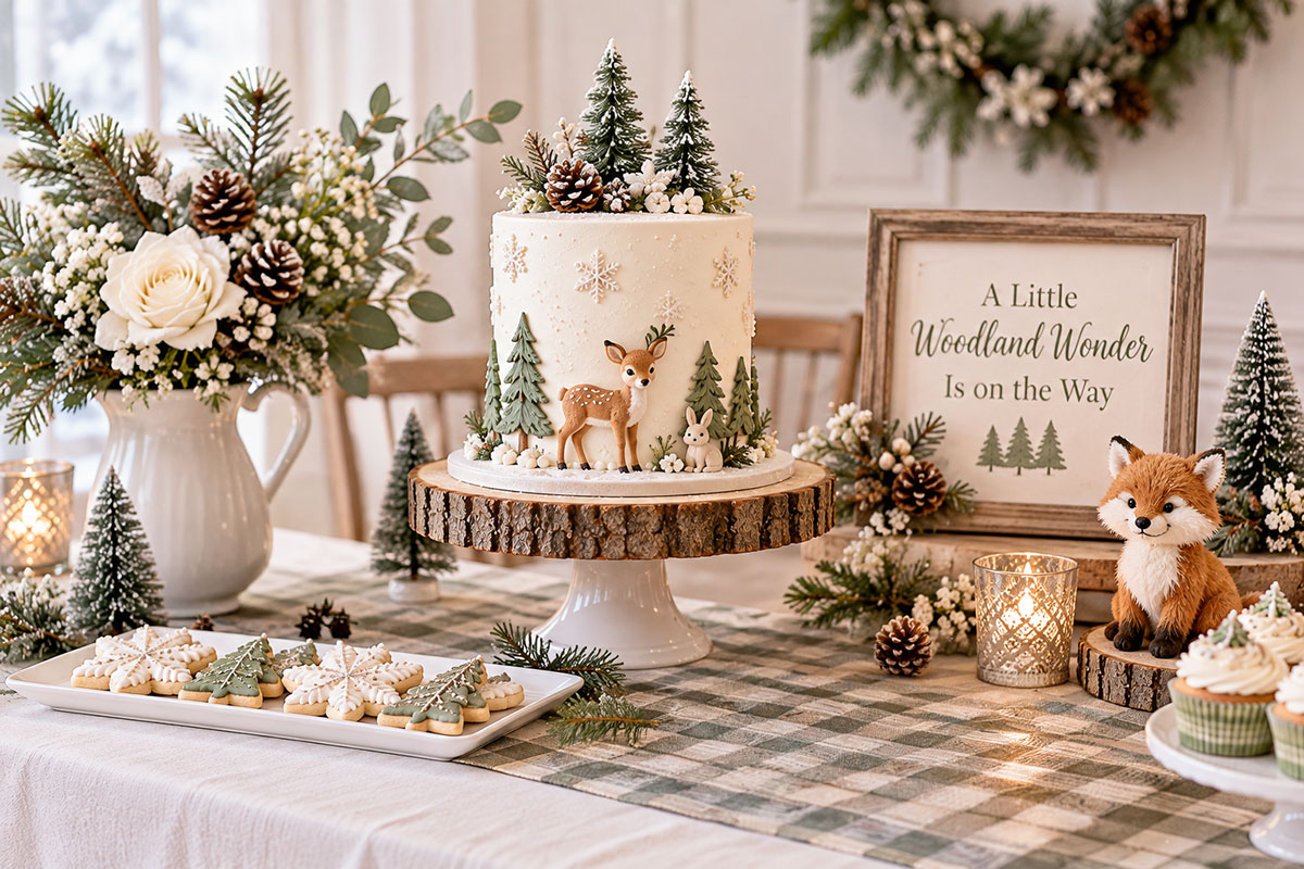 Winter woodland baby shower decorations with a snowy forest animal cake little deer and fox figures cream linens and natural wood accents