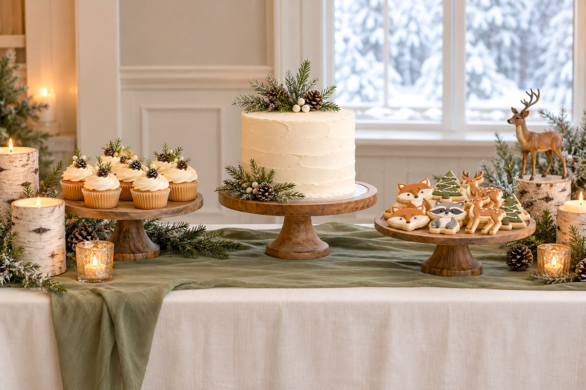 Winter woodland baby shower dessert table with an ivory cake decorated with greenery, forest animal cookies, cream cupcakes and a deer figurine beside the display