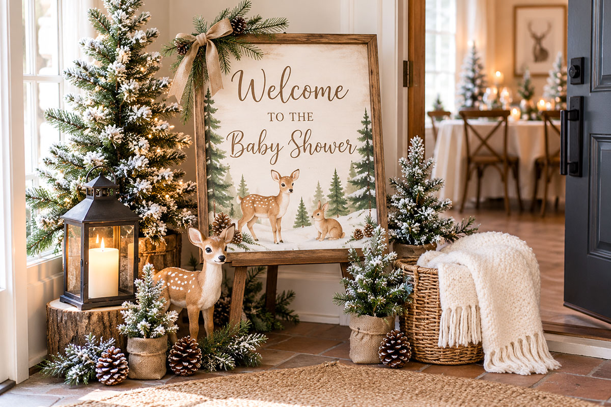 Winter woodland baby shower entrance with a wooden welcome sign, snowy miniature evergreen trees, pinecones and a cream blanket in a wicker basket