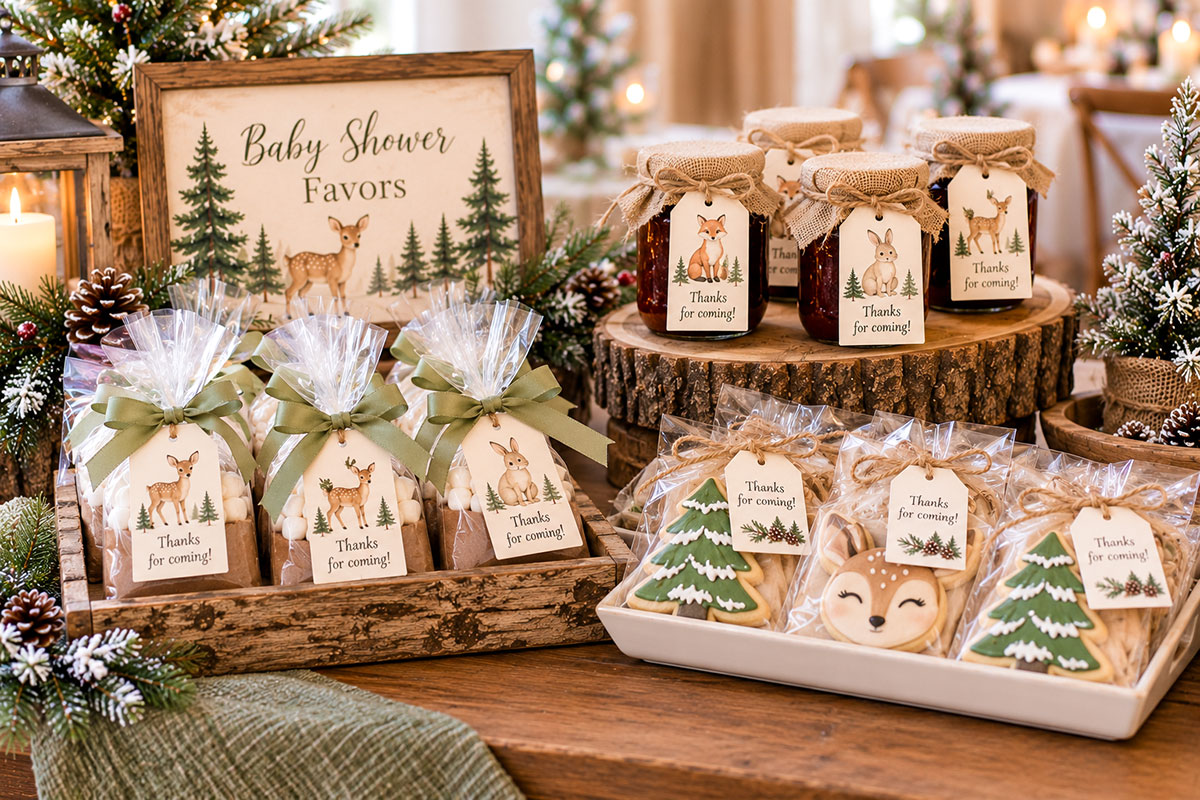 Winter woodland baby shower favors featuring hot cocoa packets, small jam jars and wrapped cookies with cream ribbon and woodland animal gift tags