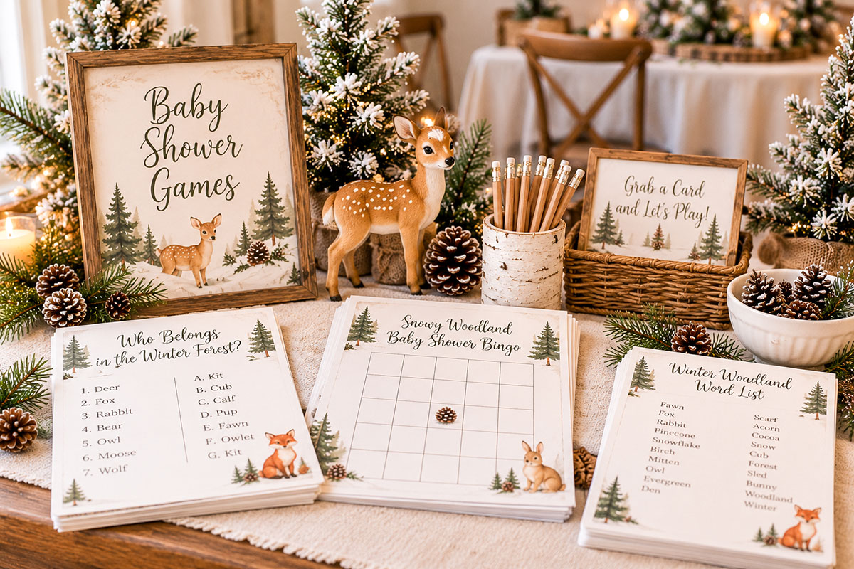 Winter woodland baby shower games station with forest animal matching cards, snowy woodland bingo sheets, pencils and a small deer decoration on a wooden table