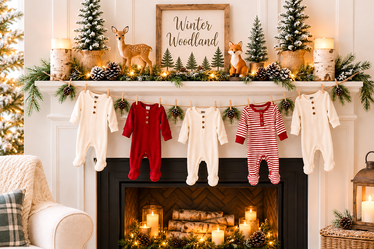 Winter woodland baby shower ideas with baby sleepers hanging across a decorative fireplace, snowy evergreens, deer and fox figurines, pinecones and a framed Winter Woodland sign.