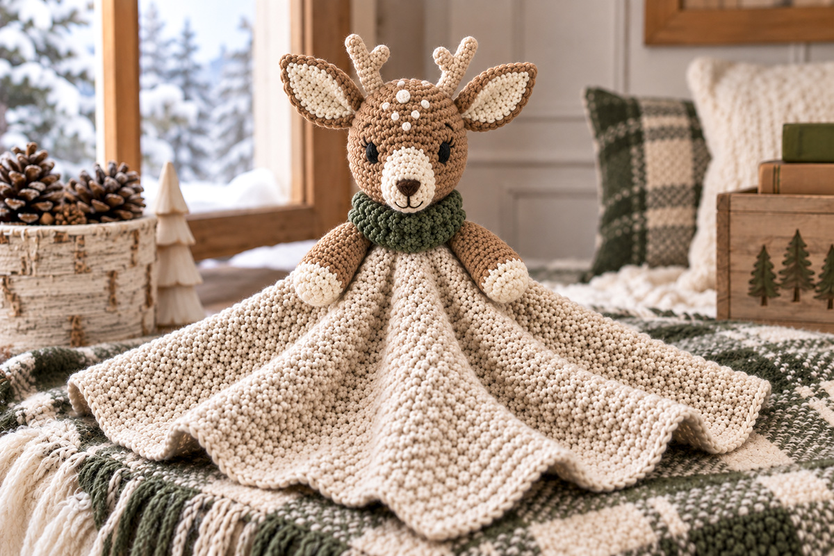 Finished winter woodland deer lovey crochet pattern with dimensional deer head and soft draping body