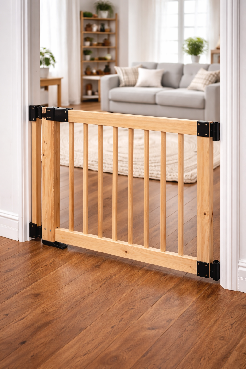 Wood baby gate installed in a doorway