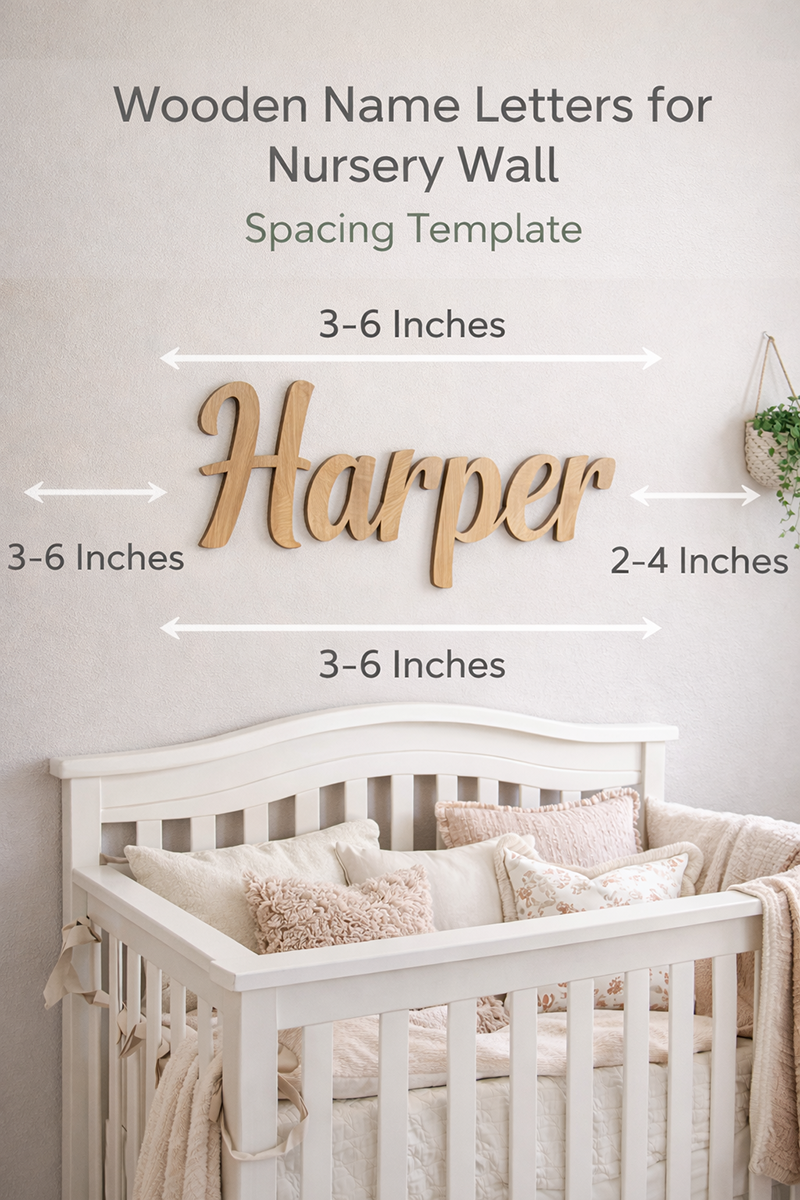 Wooden nursery name letters being spaced evenly using a simple cardboard template