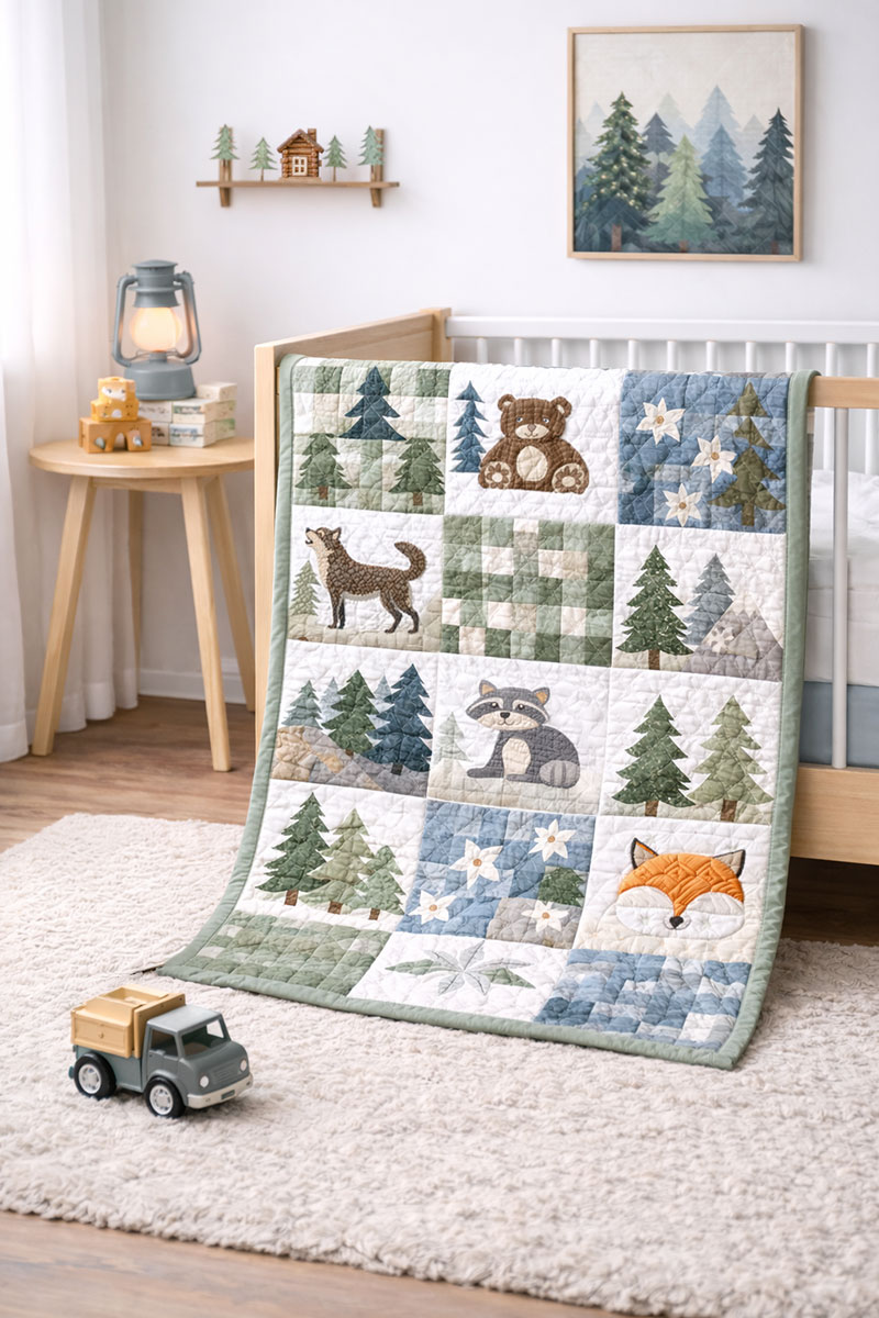 Woodland baby boy crib quilt with muted forest tones