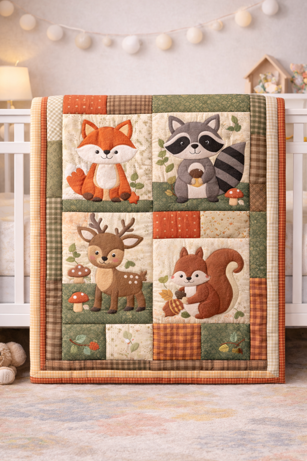 Woodland baby crib quilt with red fox, raccoon, deer, and squirrel appliqué blocks in forest-inspired colors