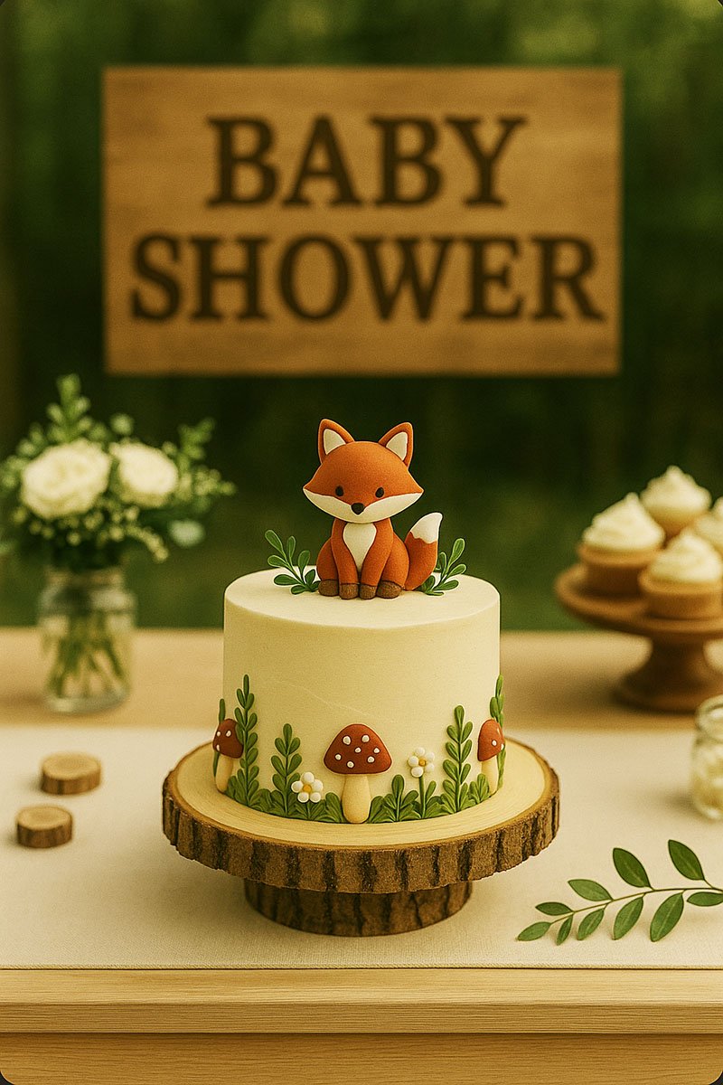 Woodland baby shower theme dessert table with a woodland cake and red fox forest animal cake topper