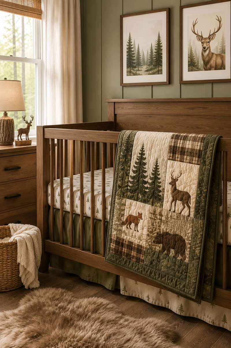 Woodland crib bedding with forest quilt and pine branch details