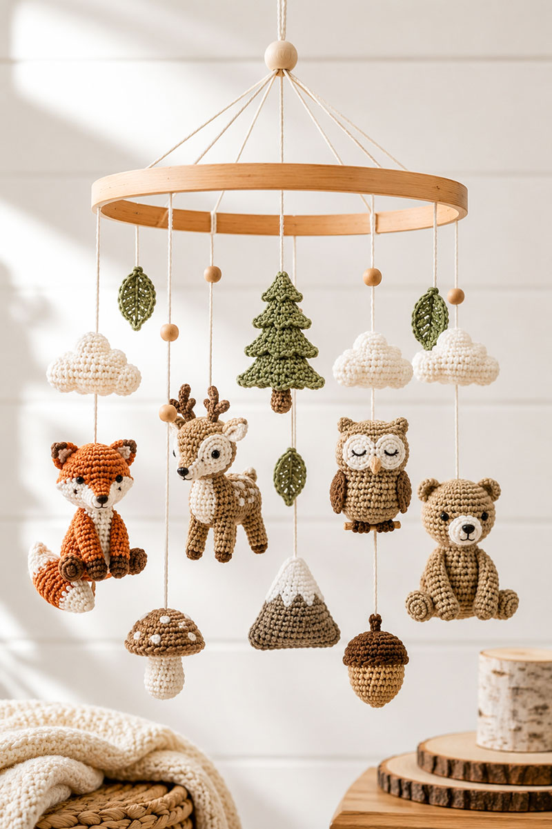 Woodland crochet baby mobile patterns with deer, fox, leaves and small forest pieces in a nursery display