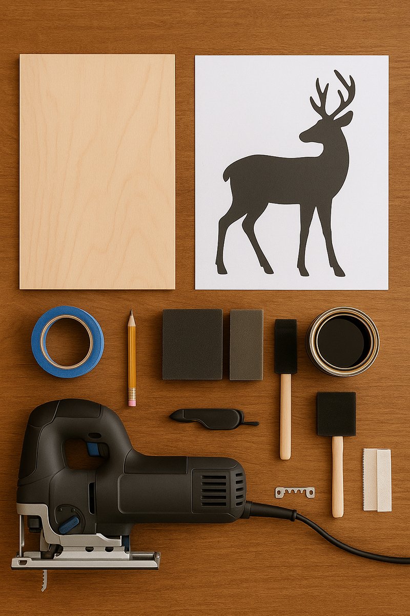 Flat lay of DIY materials for a wooden deer nursery wall sign including plywood, jigsaw, template, painter’s tape, sanding blocks, stain, and foam brush