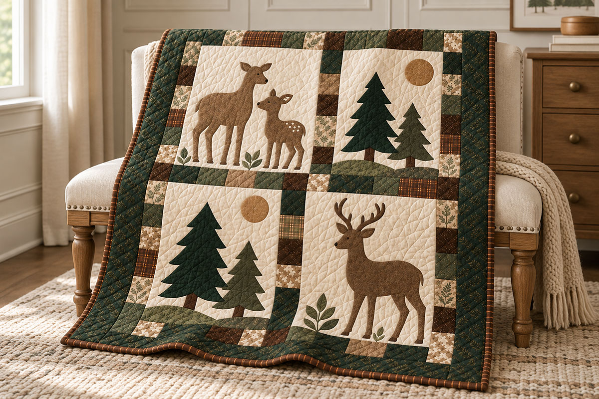 Woodland deer family quilt showing doe and fawn, buck and simple evergreen applique panels