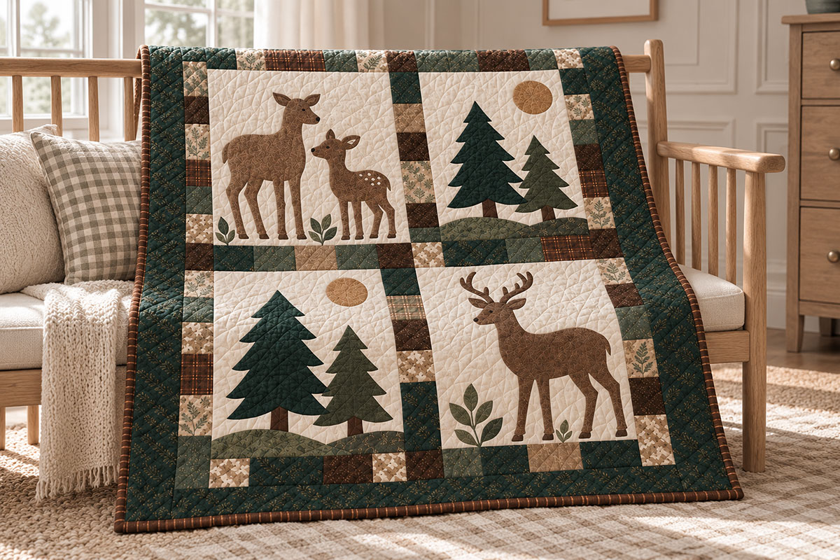 Four pane woodland deer family quilt layout with simplified fir trees and patchwork sashing