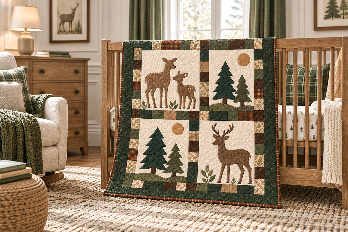 Woodland deer family quilt with doe, fawn, buck and evergreen tree panels displayed in a deer nursery
