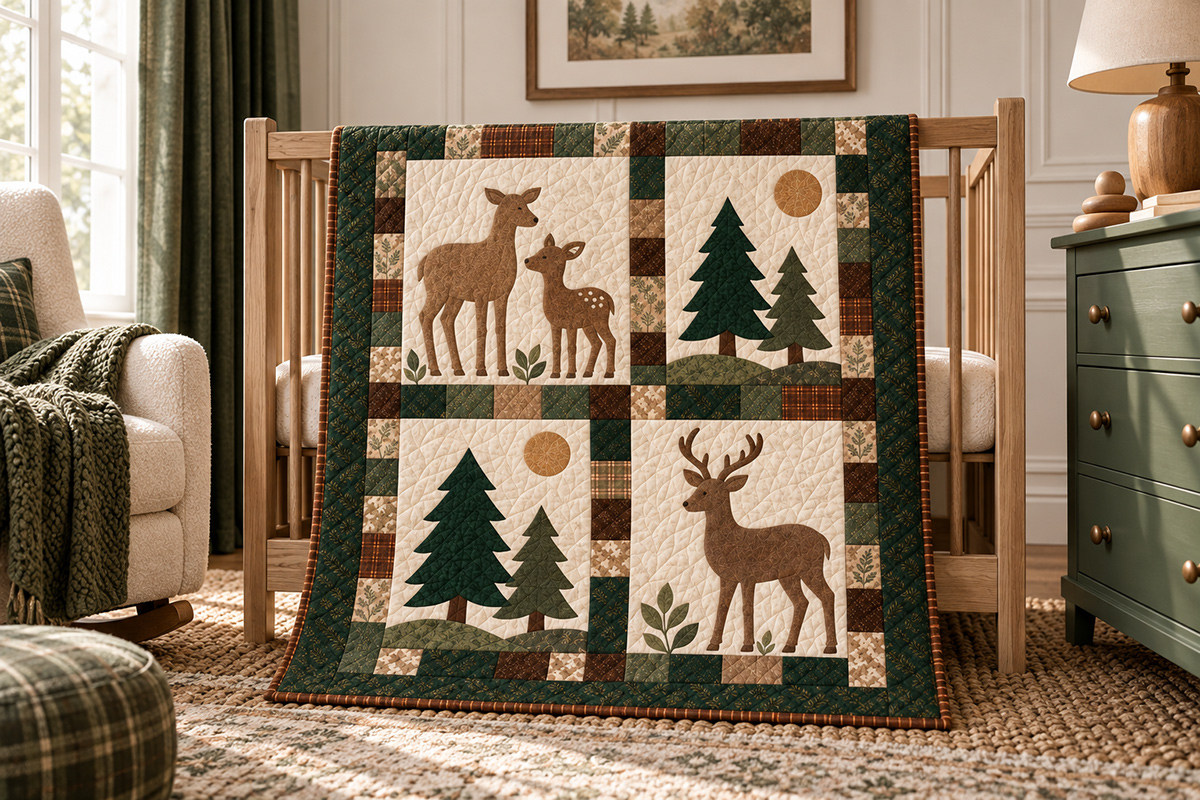 Woodland deer family quilt pattern with doe, fawn, buck and evergreen appliqué panels