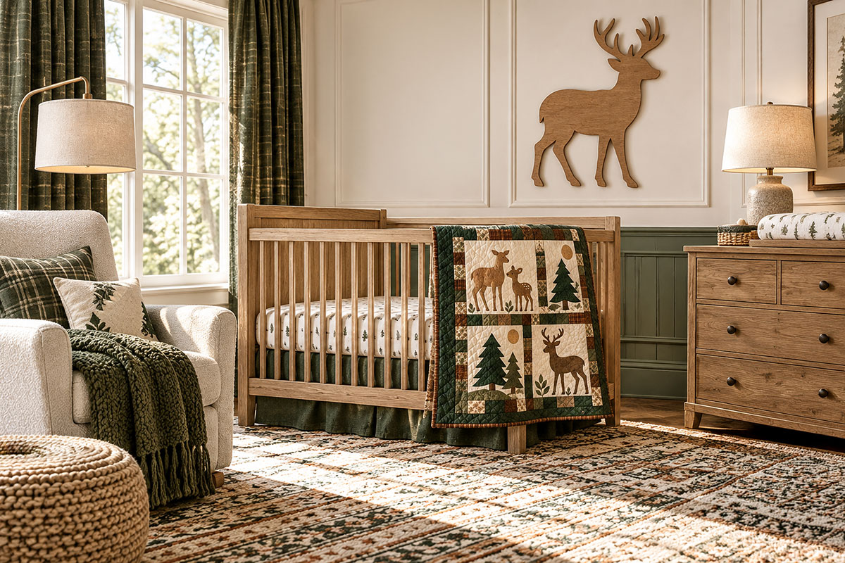Coordinated woodland deer nursery with handmade deer projects, green accents, warm wood furniture and layered textiles