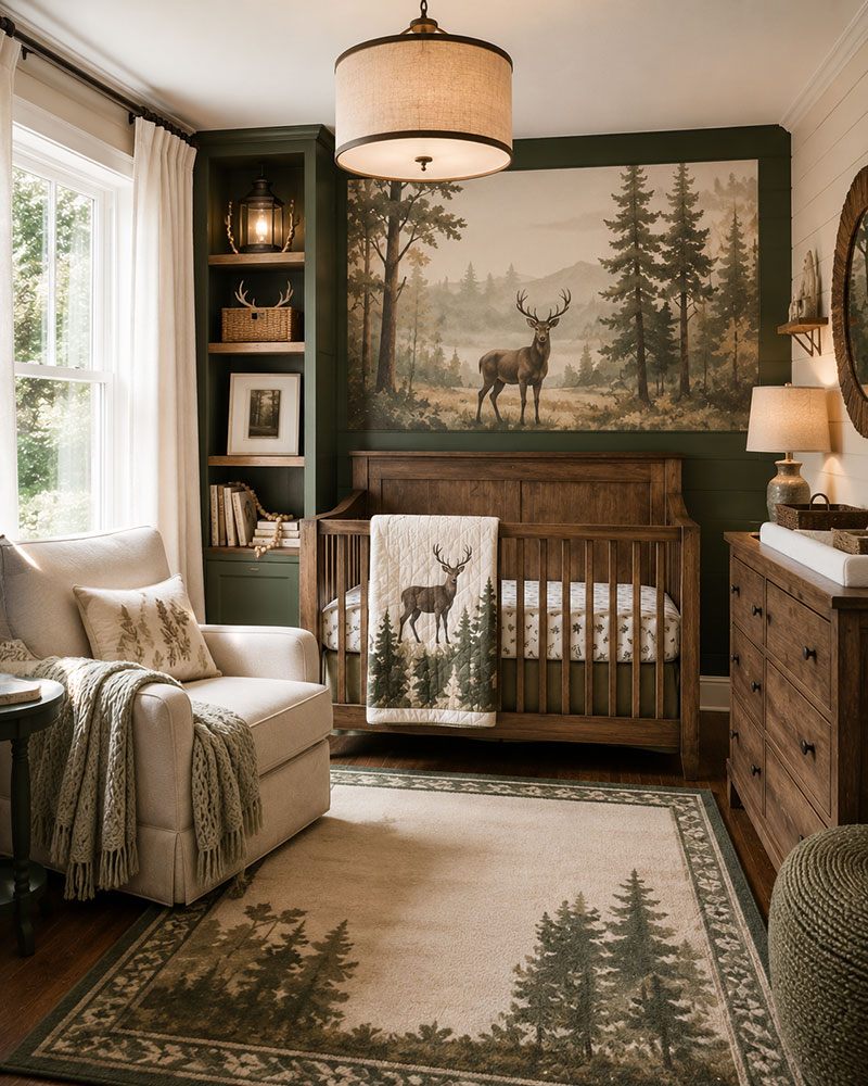woodland deer nursery with natural wood crib forest artwork and soft green accents