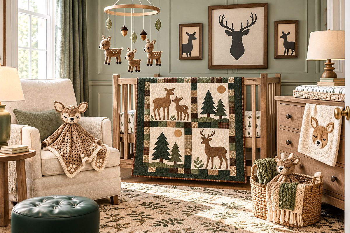 DIY woodland deer nursery decorated with a handmade deer quilt, crochet deer mobile and coordinating woodland projects