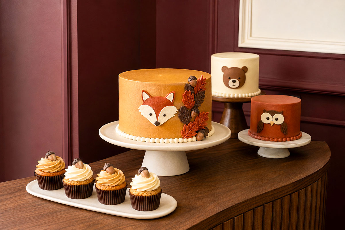 Woodland fall baby shower cakes with fox, bear and owl designs in rust, brown, ivory and muted green