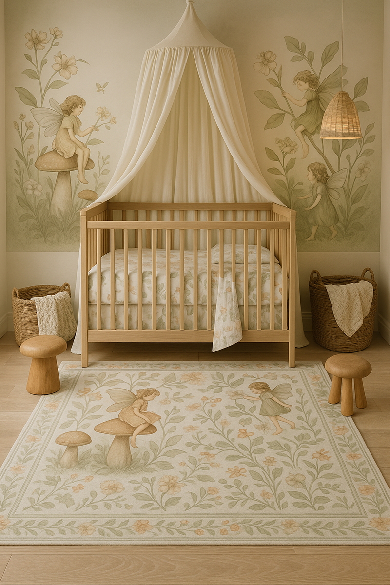 Woodland flower fairy nursery with an airy canopy crib, soft floral linens, mushroom stools, rustic baskets, and gentle natural colors